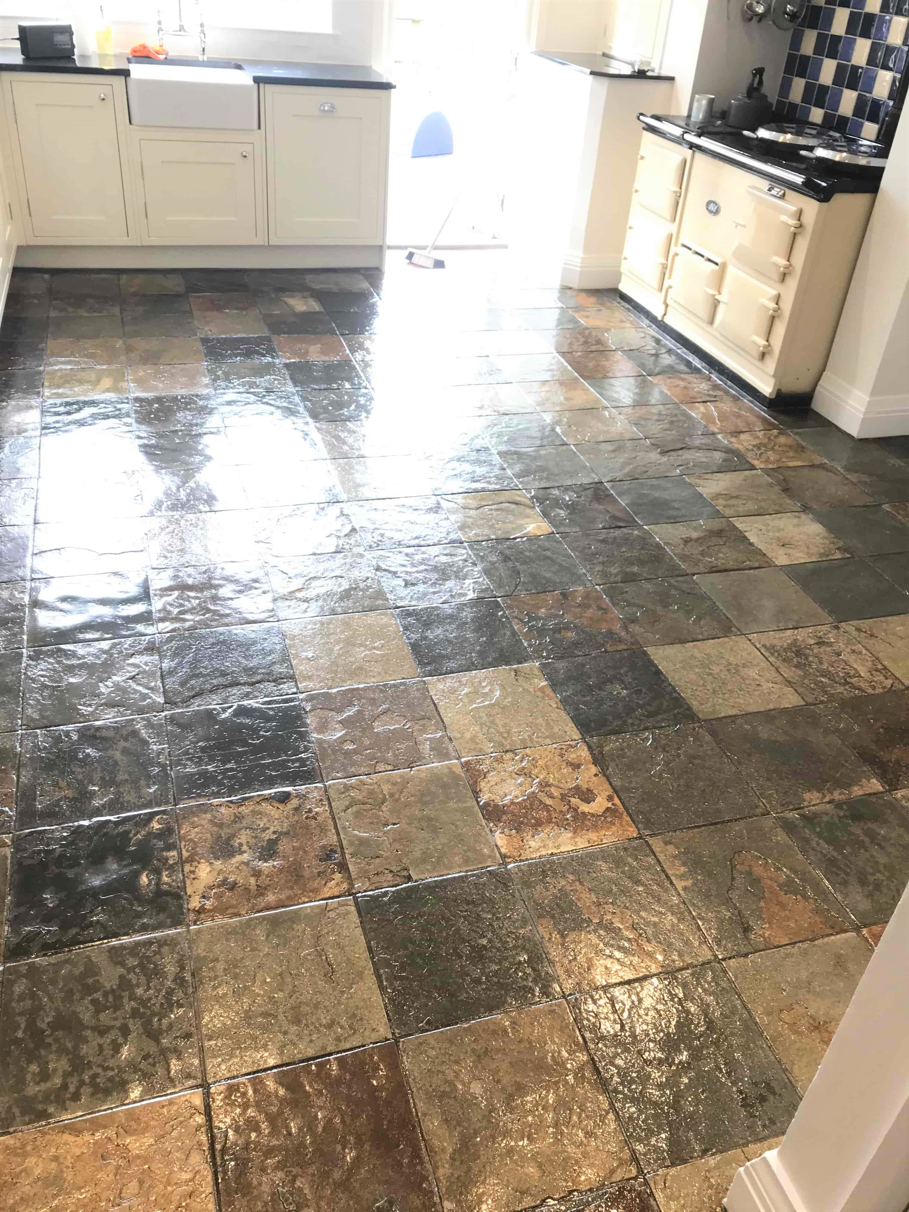 Multi-Coloured Slate Tiled Kitchen Floor After Cleaning and Sealing Sutton Coldfield
