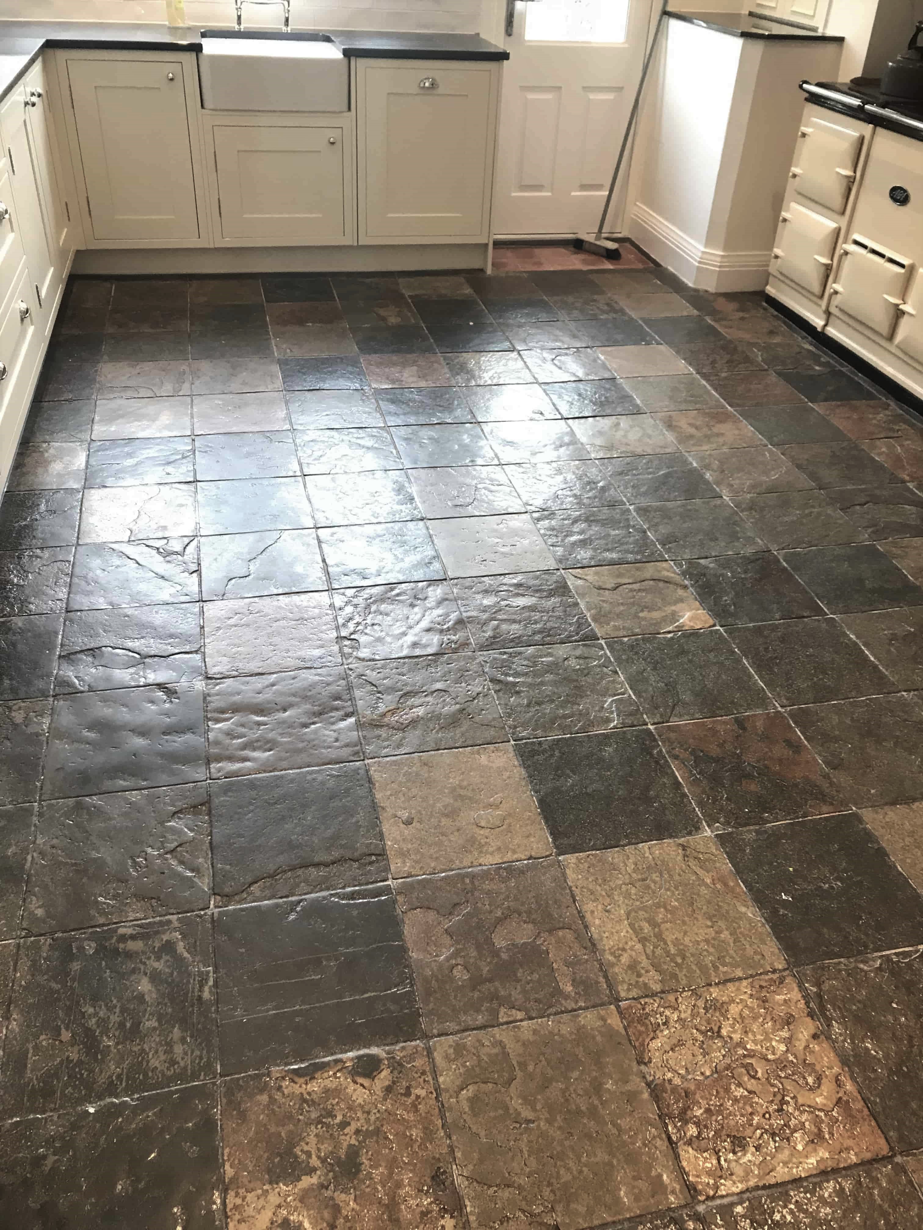 Multi-Coloured Slate Tiled Kitchen Floor Before Cleaning and Sealing Sutton Coldfield