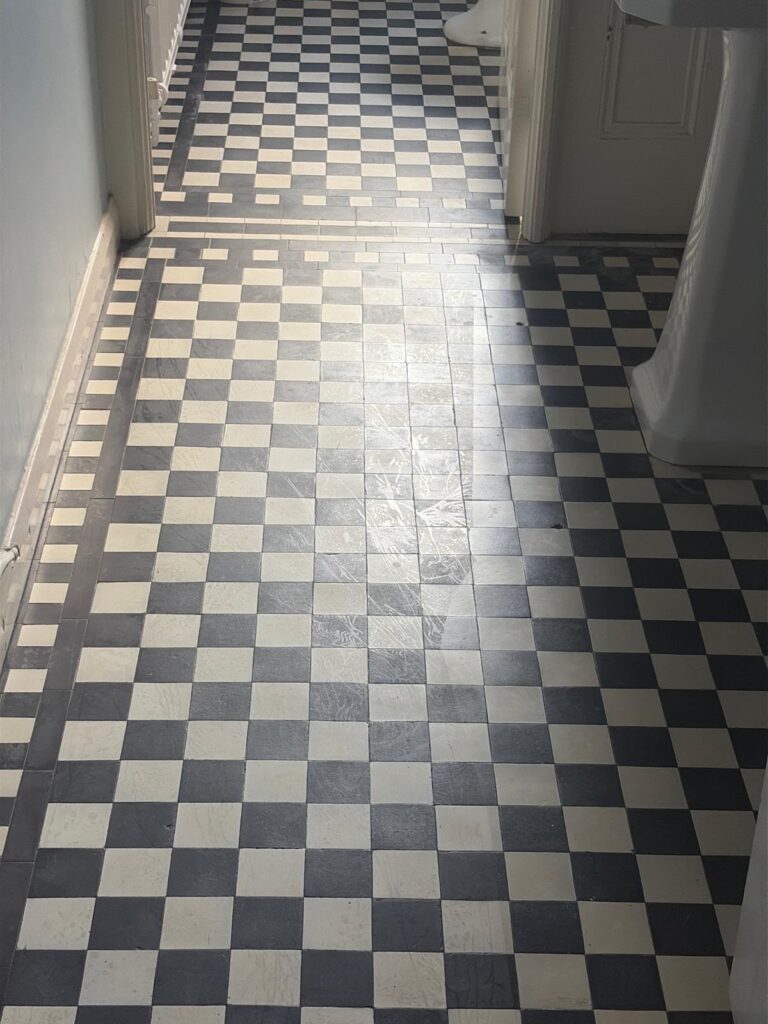 Classic Checkered Black-and White Encaustic Tiled Bathroom Floor Before Cleaning Burton On Trent Classic Checkered Black-and White Encaustic Tiled Bathroom Floor Before Cleaning Burton On Trent